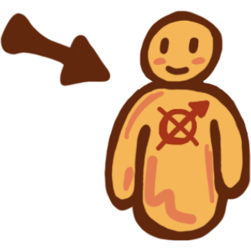 yellow figure with a circle and an X on the chest. On the top right line of the X is an arrow. An arrow points to the figure from the left. 